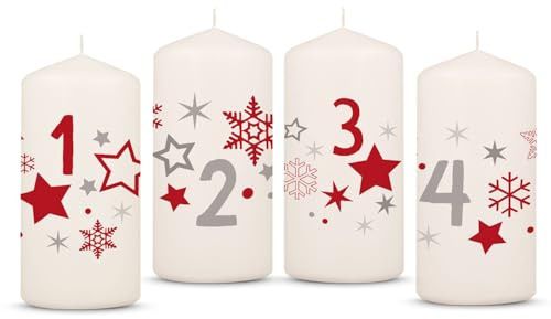 GRAVURZEILE Bedruckte Adventskerzen - Advent Sterne Rot - Weihnachtskerze für den Adventskranz 4er Set - Dekoration zu Weihnachten - Geschenk für Sie & Ihn - Stumpenkerze 120/58 mm