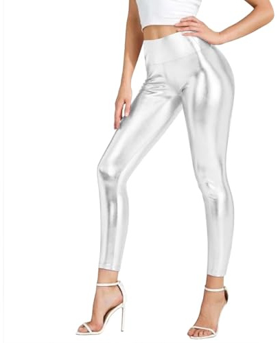 Generisch Leggings argento metallizzato, da donna, a vita alta, con brillantini, a vita alta, brillanti, per feste, danza, discoteca, carnevale, pantaloni metallici, leggins balletto, danza, O argento