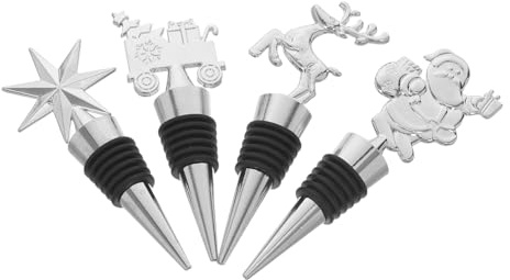 DECOMELODY 4 pièces Bouchons de Bouteille Vin Noël Étanches Réutilisables avec Motifs Festifs Père Noël Cerf Sapin Train pour Conservation Boissons Cadeau Fête