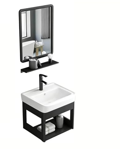 YOWLLXOF Schwebend Eckwaschbecken, mit Spiegel,Warm-Kaltwasserhahn und offen Stauraum,für kleine Toiletten,Badezimmer,Waschküche,Platzsparend(16.9 * 15.7 * 19.7in)