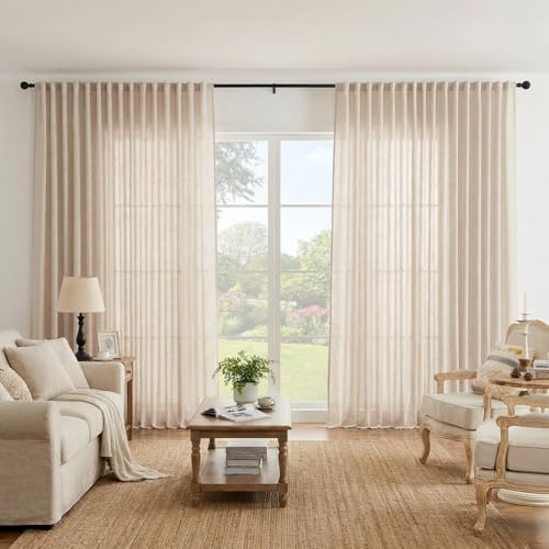 Lapalife Extra Wide 100 Inch Linen Semi Sheer Curtain for Living Bedroom,Light Filtering Curtain for Sliding Door Natural Beige Floor to Ceiling Window Panel 100x96,1Panel
