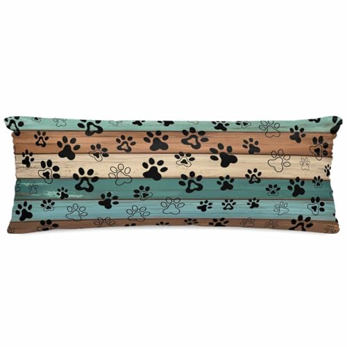 Green Brown Paw Print Satin Pillowcase for Hair and Skin with Zipper, Soft Breathable Cooling Silk Pillow Cases, Vintage Farmhouse Country Wooden Grain Body Pillow Covers Bed Pillows 20x54