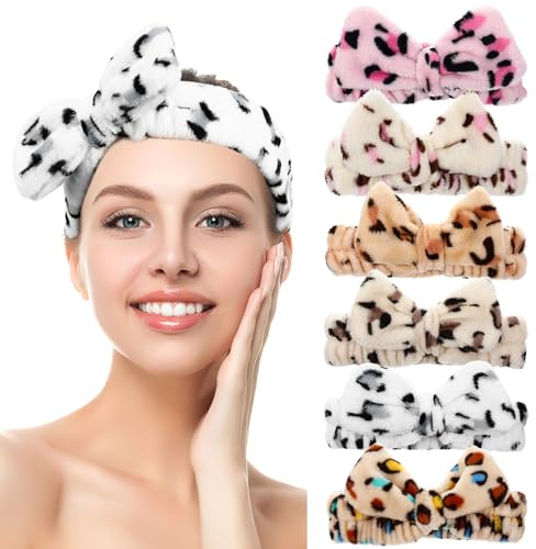 Uonlytech Lot de 6 Bandeaux de Soin du Visage en Coral Doux Imprimé Léopard Nœud Bandeaux de Spa Élastiques pour Cheveux pour Femmes Accessoires Polyvalents pour Nettoyage du Visage et Bain