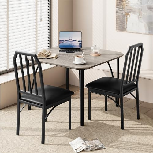 Crevyteg Küchentisch-Set 3-teilig, Esstisch mit 2 Stühlen, Tisch und Stühle Für 2, Quadratischer Esstisch Aus Metall und Holz mit 2 Gepolsterten Stühlen Für Kleine Räume, Landhausstil, Grau