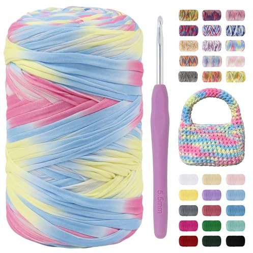 LEREATI Fettuccia per Borse a Uncinetto, 400g/150m Filato per Uncinetto Multicolore Crochet Yarn, Fettuccia Elastica per Borse, Cestini, DIY Artigianato, Decorazioni Casa (Blu Rosa Giallo)