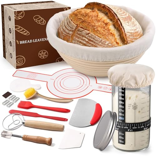 QLSXLB Cesta de Fermentación para Pan 25cm Ovalado, 11 Piezas Kit Completo de Panadero, Banetones de Caña Natural, Cesta para Pan de Masa Madre para Principiantes y Experimentados