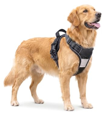 Hundegeschirr Grosse Hunde - Verstellbares Geschirr Hund mit Magnetverschlüssen | Anti-Zug Funktion, Atmungsaktiv, Reflexstreifen und Weichem Griff, Schwarz, L