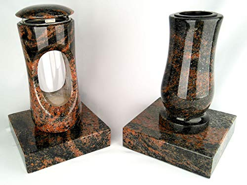 designgrab Set Grablampe Design-Small 27 cm & Vase Taille Medium mit Sockel aus Granit Aurora – hellgrau-rosé, fein gemasert & massiv