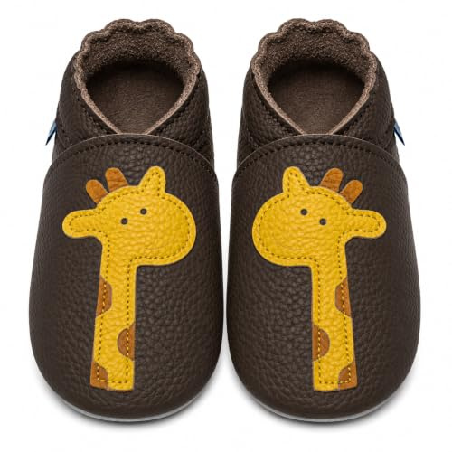 YIHAKIDS Babyskor flickor pojkar mjukt läder baby barn tofflor mjukt läder skor flicka pojke första steg 0–6 månader - 2 år, Mörkbrun giraff, 23 EU