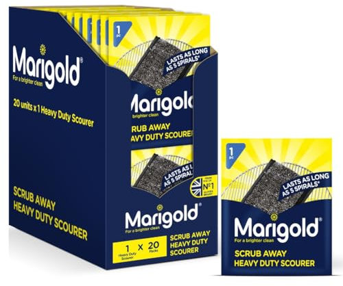 Marigold Scrub Away Stainless Steel Scourers - 20 Single Packs of Scouring Pads - Heavy Duty Non Scratch Metal Scourer - Easy to Clean - Tackles Tough and Burnt on Food