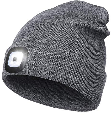 Wmcaps Mütze mit LED Licht, Wiederaufladbare USB Stirnlampe Strickmütze | 3 Helligkeitsstufen, Abnehmbare LED-Leuchte, für Gassi-Runden，Geschenke für Männer frauen Mama Papa