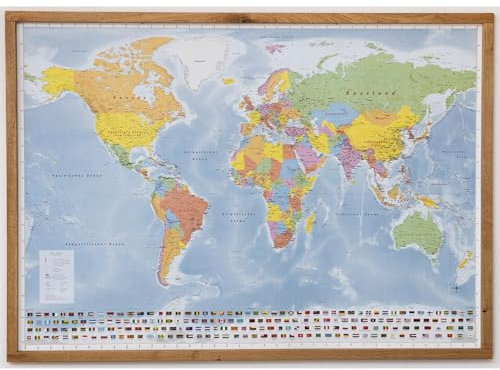 Große GeoMetro Weltkarte mit Rahmen aus massivem Eichenholz zum Aufhängen, magnethaftend, mit Laminierung, zum Anbringen von Magneten (ideal für Urlaubsfotos)