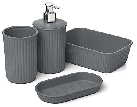 Tatay Set of 4pcs Bathroom Table Top (Tumbler + Dispenser + Soap Dish + Soap Dish + Organiser A6) Baobab, Plastic, BPA Free, Anthracite Grey