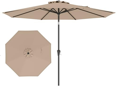 GYMAX Ombrellone da Giardino 3x3 M, 8 Stecche, Manovella, Parasole Inclinabile 25° in Poliestere, Palo in Metallo, Ideale per Cortile, Terrazzo, Mare (MARRONE)