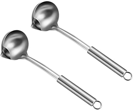 2 Stück 304 Edelstahl Abschäumer Löffel, Schöpflöffel Fettabschöpfer Kelle Suppenlöffel Fetttrenner Schöpfkelle Fett Öl Suppen Trennen Küchenhelfer Kochzubehör,12'' Edelstahl langer Griff