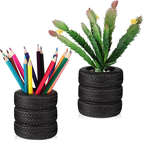 2 Pieces Tire Shaped Planter Pen Holder Air Plant Pot Pencil Holder Desk Organizer Accessories Pen Holder Tire Shaped Plastic Black Pen Stand for Home, Office, Tabletop, Desk, Pen, Pencil Organizer