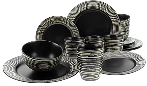 CreaTable, 23612, Serie La Gomera negra, 16-teiliges Geschirrset, Kombiservice aus Steinzeug, spülmaschinen- und mikrowellengeeignet, Qualitätsproduktion