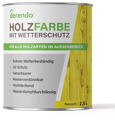derendo Holzfarbe gelb außen wetterfest Wetterschutzfarbe Langzeitschutz 2,5L RAL 1021 seidenglänzend Holzlack rapsgelb dunkelgelb Außenbereich Holzschutzlasur hohe Deckkraft