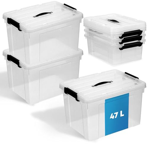 Schmacht® 3-er Set Aufbewahrungsboxen mit Deckel I BPA Frei I Mit oder Ohne Tragegriff | Aufbewahrungsbehälter mit verstärkter Bodenstruktur (Mit Tragegriff - Transparent, 47l)