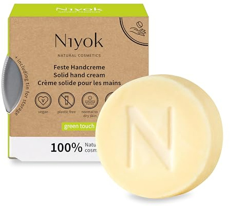Niyok Crema de manos sólida Green Touch (50 g), bálsamo de manos con vitamina E, de absorción rápida y natural, hidratante, para manos secas, sin plástico y vegana