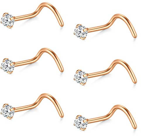 AceFun Nasenstecker 16g 18g 20g 22g Nasenschraube 1,5 mm 2 mm 2,5 mm 3 mm CZ Nasenpiercing Schmuck 6 Stück Silber Roségold Gold