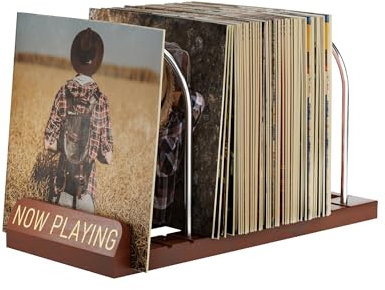 BS-VOG Now Playing Vinyl-Schallplattenständer, 50 LP Schallplattenaufbewahrung mit rutschfesten Rillen, Holz jetzt drehender Vinyl-Schallplattenhalter für Alben, Regal, Organizer,