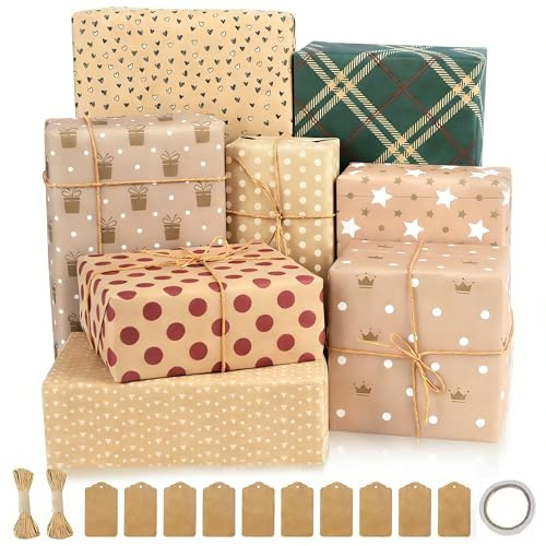 ZCOINS Ensemble de Papier Cadeau, 8 Feuilles de Papier Kraft avec Étiquettes Cadeaux et Ficelle en Papie, papier cadeau à motifs pour Emballage de Cadeaux, Artisanat et Décoration(70 x 50 cm)