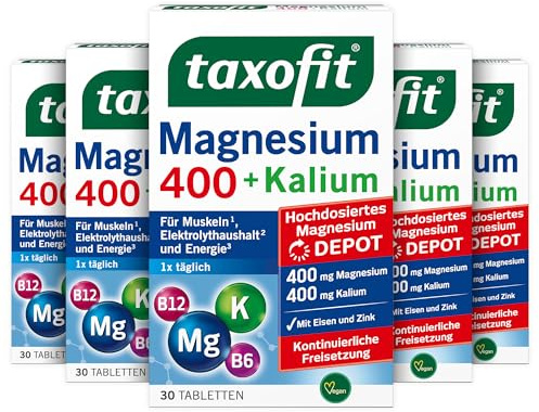 taxofit Magnesium 400 + Kalium | für den Elektrolythaushalt | 5 x 30 St | Mit Vitamin B6 & B12 gegen Müdigkeit & Erschöpfung, für einen normalen Energiestoffwechsel, als Depot-Tabletten