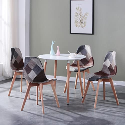GrandCA HOME Esstisch und 4 Esszimmerstühle Modernes Esszimmer-Set, weiße runde Tische und Sitzpolster aus Stoff Patchwork Küchenstühle, Braun