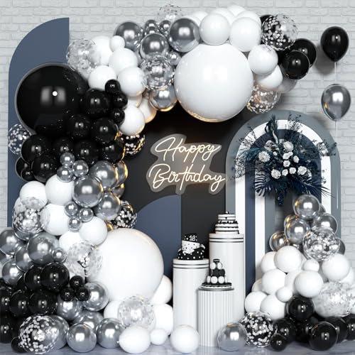 Kit Arco Ghirlanda Palloncini Argento Bianco Nero, 127Pcs Kit Arco Ghirlanda Palloncini Bianchi Neri Opachi, Palloncino Argento Metallizzato Con Palloncino Coriandoli Per Feste Compleanno Laurea