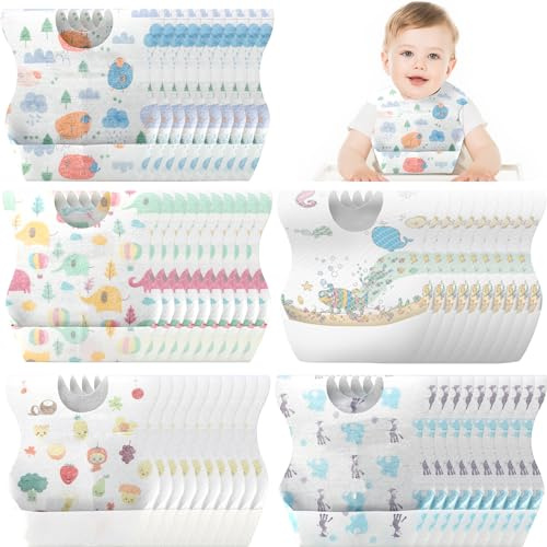 Shinymoon 100 Pcs Disposable Baby Bibs Individual Wrapped Travel Bibs Waterproof Food Catcher for Toddlers Girls Boys Feeding(Classic Style)