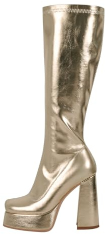 MissHeel Plateau Langschaft Stiefel Boots Quatische Zehen Weitschaft Stiefel Metallic-Look