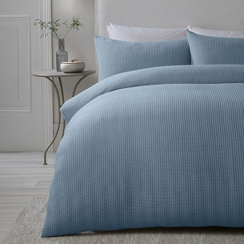 Serene Waffle Duvet Cover – Blue – Single Size (140 x 200cm) – Soft Touch Textured Bedding – Square Grid Pattern – Luxury 100% Cotton – 1 Pillowcase Included – Lindly Collection