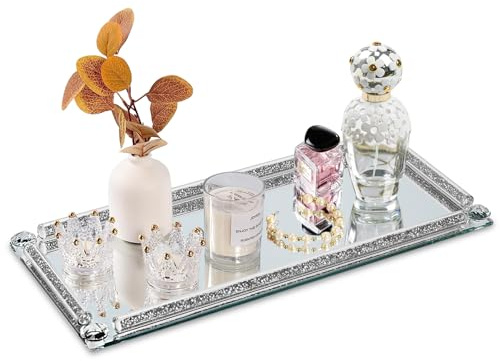 YCWF Silver Mirror Perfume Tray for Dresser,Crushed Diamond Filled Glass Vanity Tray,Decorative Bathroom Tray,Crystal Tray for Home Decorative,Party,Hotel Banquet,13.8''x5.9''x1'',Silver