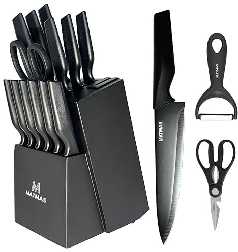 MATMAS Kitchen Knife Set with Block, 15 Pieces with Built-in Sharpener, Carbon Stainless Steel Knives, Culinary Excellence