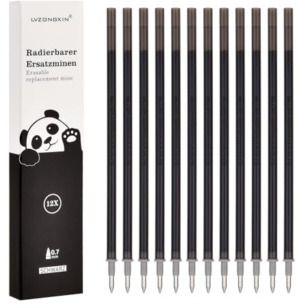 Radierbare Ersatzminen Kompatibel Mit Legami [ 12, Schwarz ] | Nachfüllminen mit radierbarer Tinte – 0.7 – mittlere Stärke – Gel-Tintenrollermine