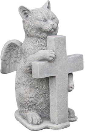 gartendekoparadies.de Engel - Katze mit Kreuz, Steinfigur, H. 27 cm, 6 kg, Grau, frostsicher aus Steinguss für Außenbereich
