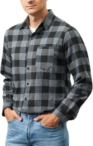 Yukiuiny Holzfällerhemd Herren 100% Baumwolle Langarm Dünn Kariert Flanellhemd mit Brusttasche Locker Freizeithemd grau,3XL