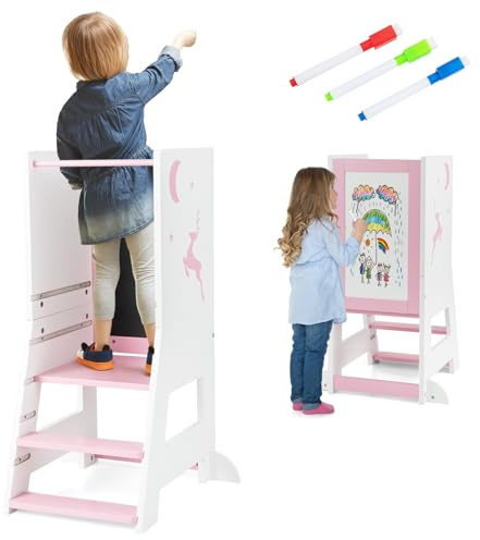 LIFEZEAL Lernturm Kinder, Tritthocker aus Holz, Montessori-Lernturm mit 3 verstellbaren Höhen, Lernstuhl Baby mit doppelseitiger magnetischer Tafel & 3 Stifte, 37 x 50 x 87 cm (Rosa)