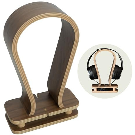 HANNITI Soporte de Auriculares de Madera de Nogal - Base Universal para Cascos con Holder para Cables - Soporte Cascos de diseño para Mesa de Oficina y Estudio