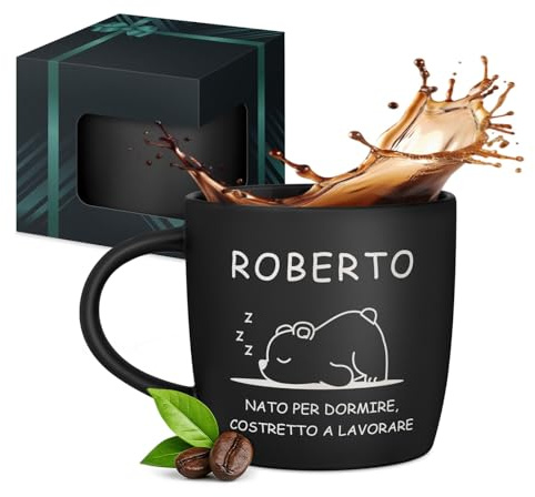 Maverton Tazza da caffè macchiato o tè in ceramica, 400 ml, Incisione | Personalizzata, Tazze con manico per bevande per Lui, Bicchiere da colazione per compleanno uomo, Interno nero, dormiglione
