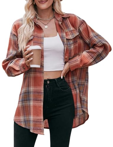 Maeau - Women Button Down Shirt Casual Loose Coats Oversized Cardigan Long Sleeve Check Jackets Plaid Shacket Jacket for Autumn Winter