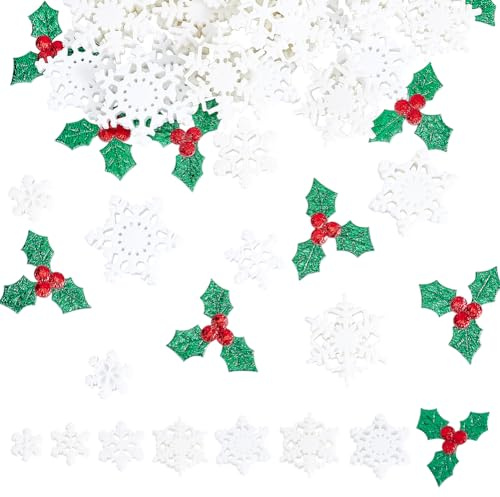 INFUNLY 200 ciondoli natalizi in resina a forma di fiocco di neve, piccole foglie di agrifoglio, bacche, ornamenti per albero di Natale, coriandoli, decorazioni in tessuto, per confezioni regalo,