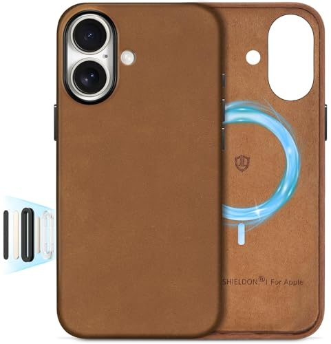 SHIELDON Lederhülle für iPhone 16 6,1 5G 2024, Braun | Crazy Horse Leder, Kamerasteuerung, Magnet Kabelloses Laden Handyhülle, Metallknöpfe, Schutzhülle