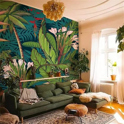 FUNLIFE Papier Peint Panoramique Grandes Plantes Tropicales Urbaines - Texture Imitation Cuir Jungle pour Salon et Chambre - Adhésif Mural 240x250cm