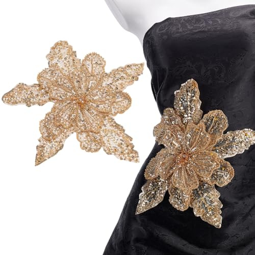 MAYJOYDIY Gloden 3D Pailletten Blumen Applikation Glitzernder Spitzen Aufnäher Mit Pailletten Broschennadel Doppellagige Spitzen Applikation Blumen Aufnäher Für Hochzeitskleidung Kleiderdekoration