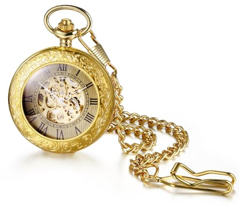 JewelryWe Taschenuhr Automatik Mechanische Herren Retro Römischen Ziffern Steampunk Skelett Uhr mit Kette