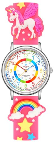 Alienwork Licorne Fille Montre Pédagogique Apprendre l'Heure Enfants Fille Argent Bracelet Rose Multicolore Enfants Résistant à l'eau 5 ATM Temps d'apprentissage