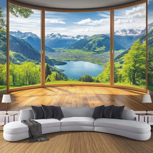 MIATCENRT Papier Peint Panoramique 308X220Cm (L×H), Vue Montagnes Lac Papier Peint Tissu De Soie, 3D Effet Décoration Murale Poster, Fenêtre Tableaux Muraux Photo Trompe L'Oeil Ornament