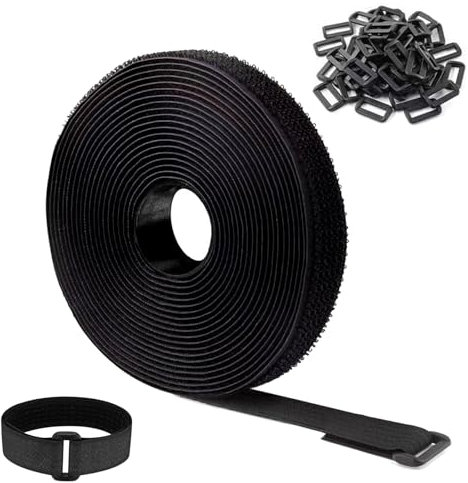JIHXYER Fascette in velcro, 10 m x 2 cm, autoadesive, chiusura in velcro con 50 fibbie, per organizzare linee dati, cavi e altri oggetti, colore nero